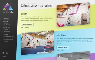 Screenshot of the website homepage, showing the logo and main navigation in a dark sidebar on the left. The main content is an introduction to the various climbing centers, with a picture and short description for each.